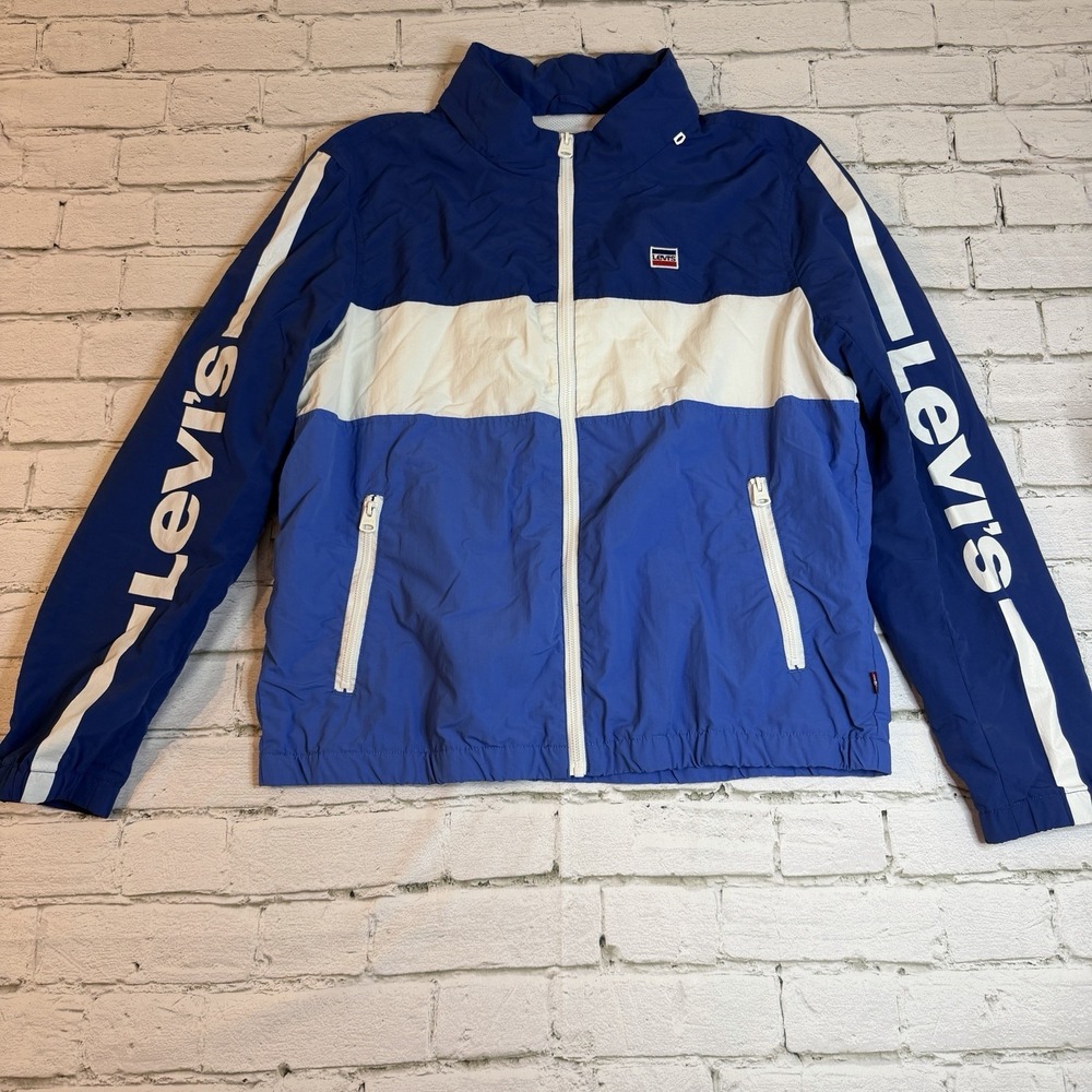 Levi's Men's Colorblock Blue/White Nylon Hooded Full Zip Windbreaker XL